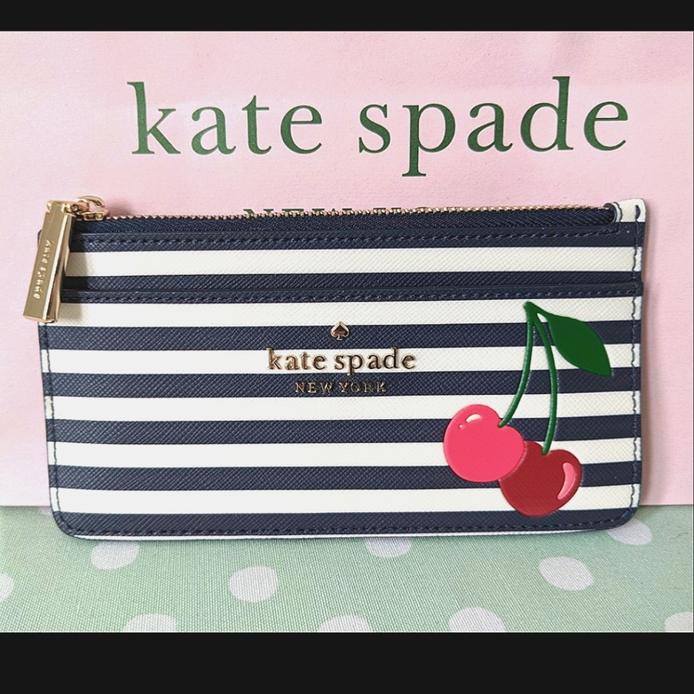 🍒 Kate Spade Cherries Navy and White Striped Large Slim Card Holder